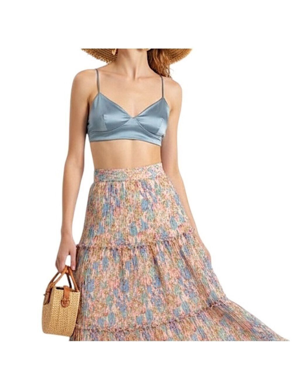 Vintage 70s boho cottagecore coral pink blue floral plisse tiered midi skirt